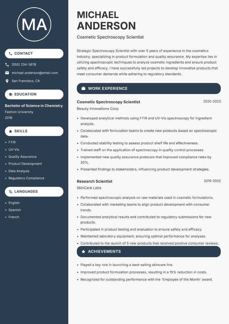 Spectroscopy Scientist resume sample — Cosmetic Spectroscopy Scientist focus
