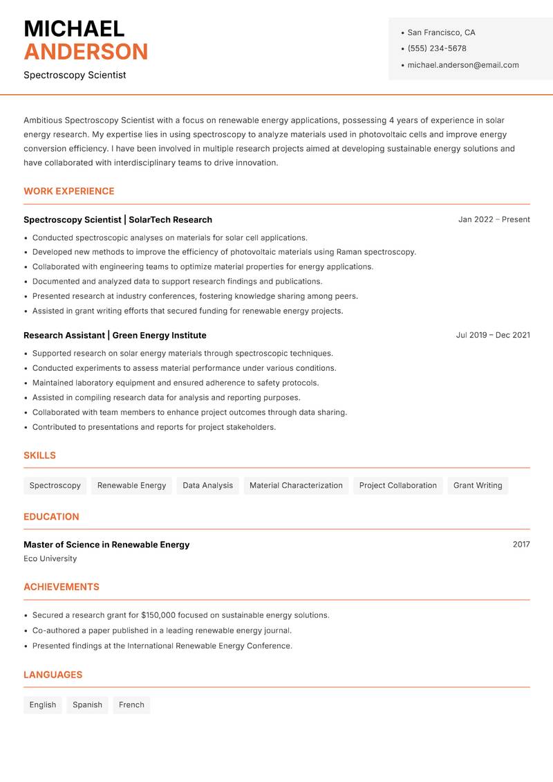 Spectroscopy Scientist resume sample — Spectroscopy Scientist focus