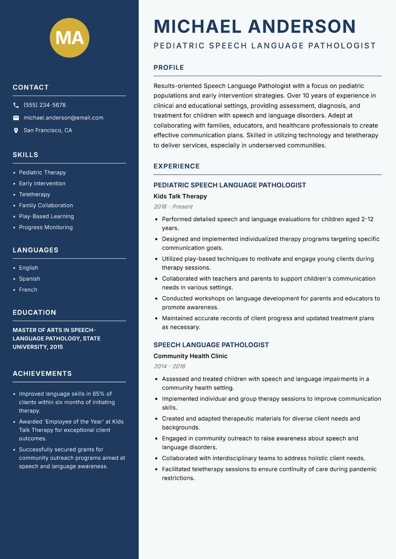 Speech Language Pathologist resume sample — Pediatric Speech Language Pathologist focus