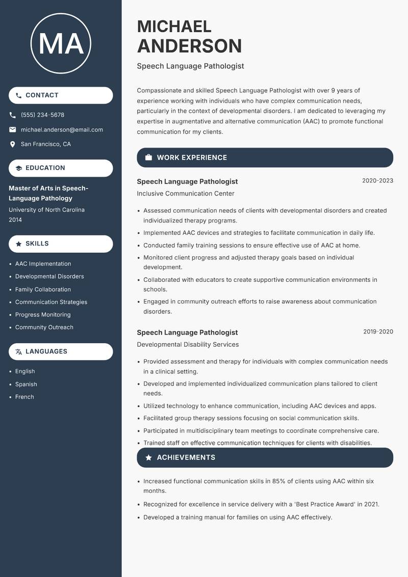 Speech Language Pathologist resume sample — Speech Language Pathologist focus