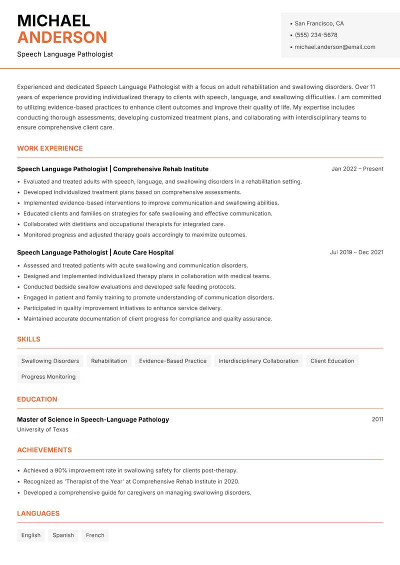 Speech Language Pathologist resume sample — Speech Language Pathologist focus