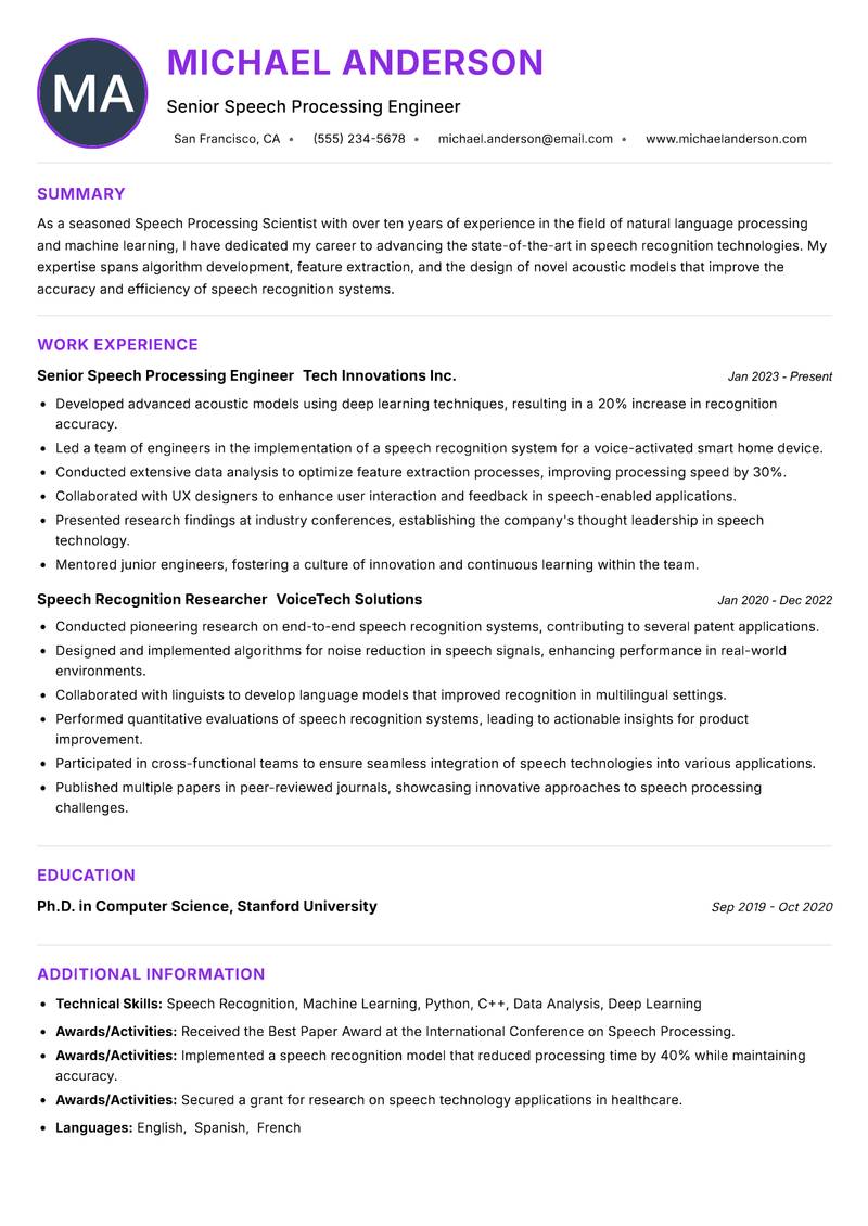 Speech Processing Scientist resume example