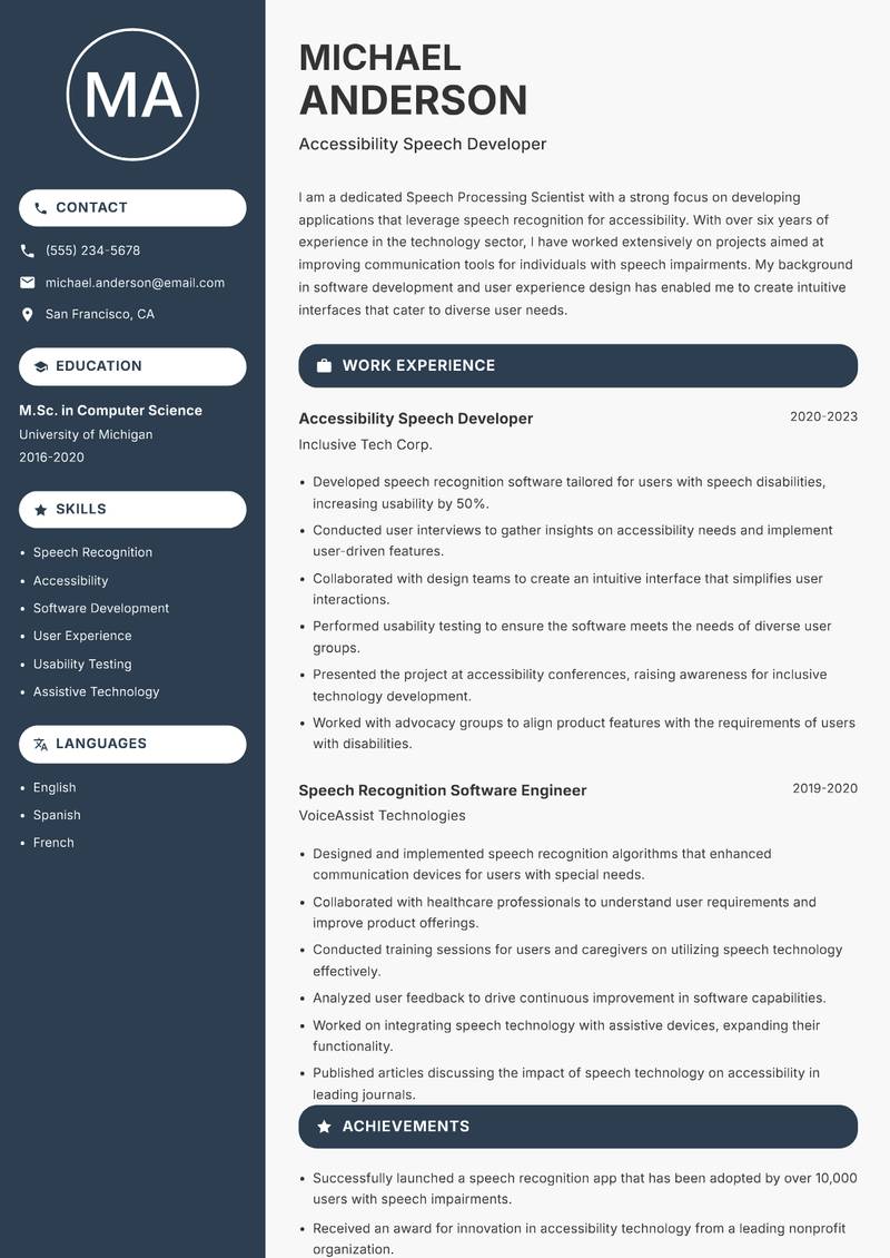 Speech Processing Scientist resume sample — Accessibility Speech Developer focus