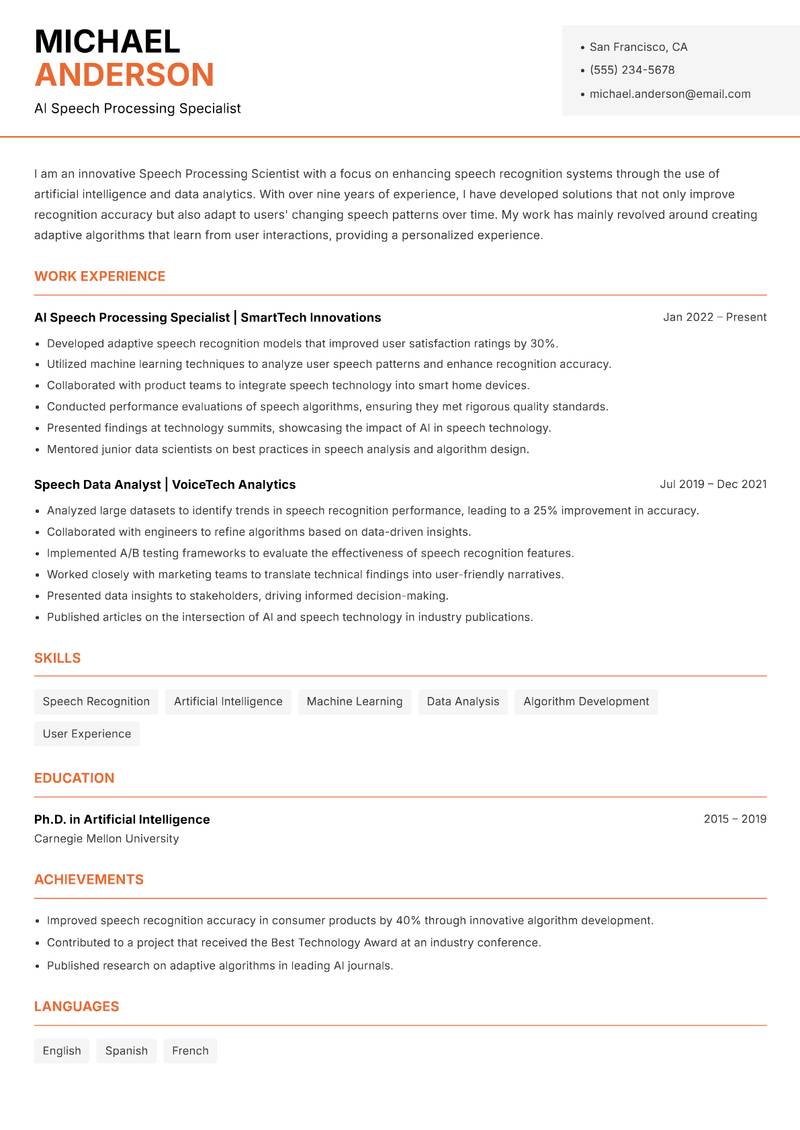 Speech Processing Scientist resume sample — AI Speech Processing Specialist focus