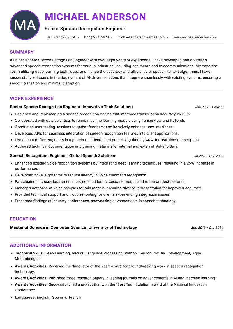 Speech Recognition Engineer resume example