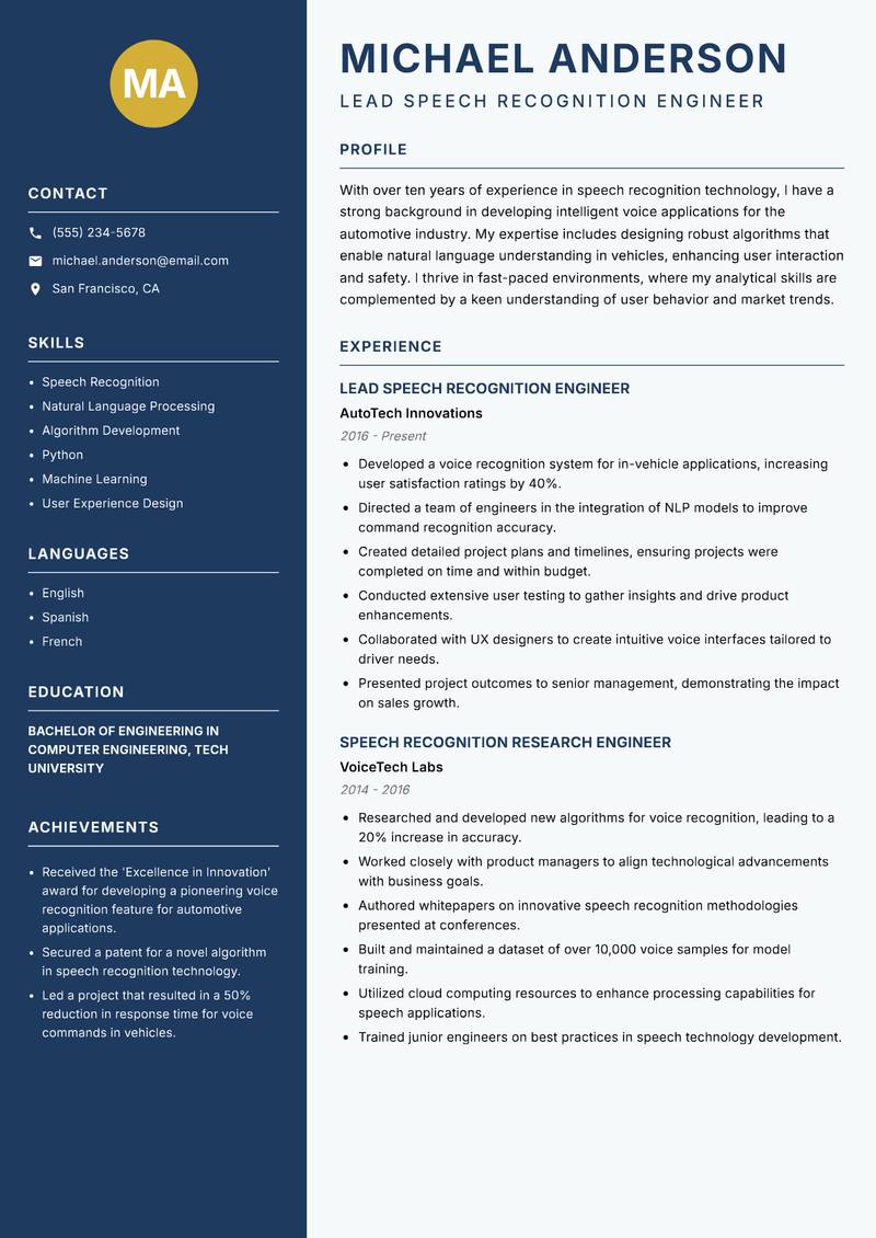 Speech Recognition Engineer resume sample — Lead Speech Recognition Engineer focus