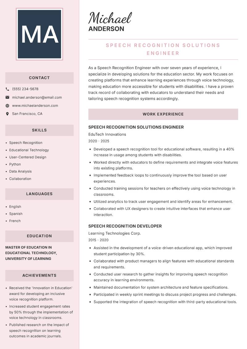 Speech Recognition Engineer resume sample — Speech Recognition Solutions Engineer focus