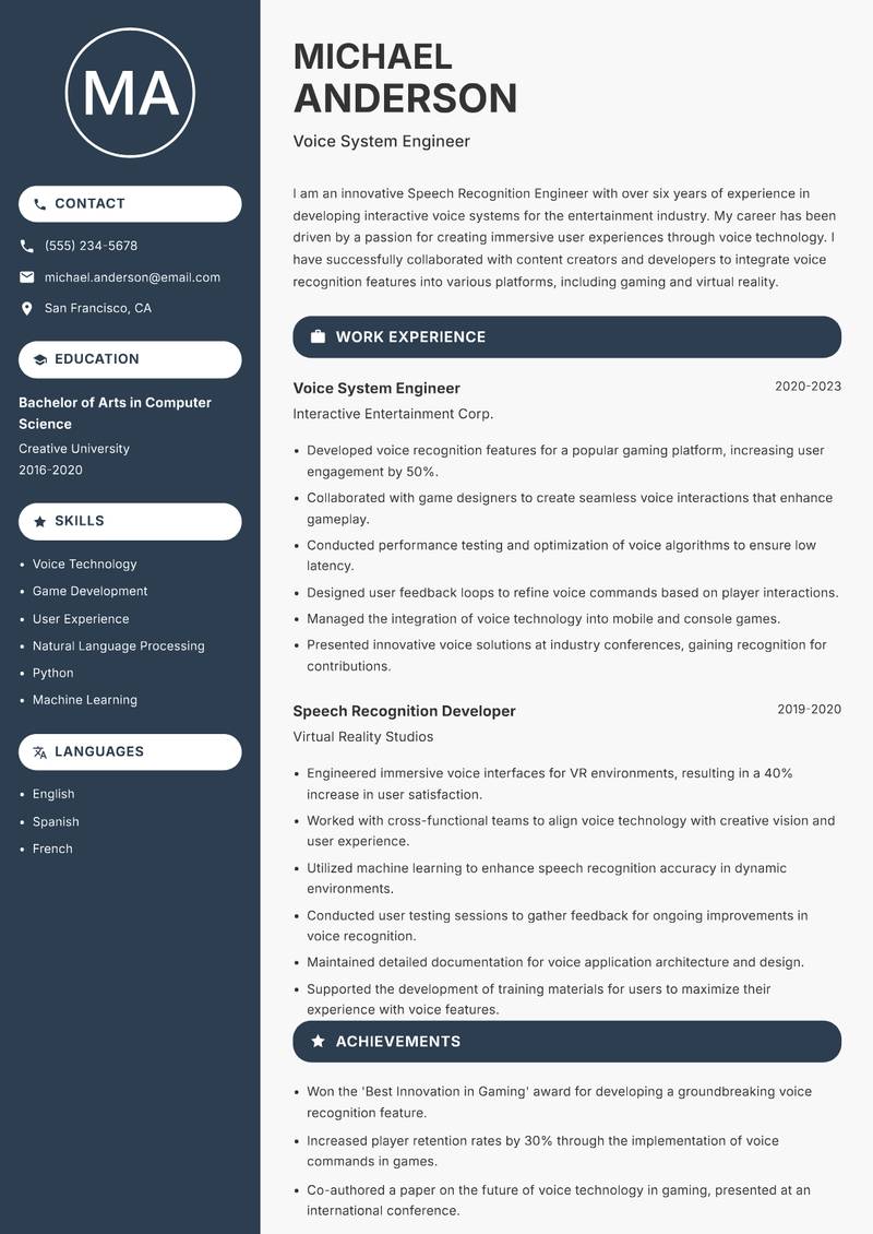 Speech Recognition Engineer resume sample — Voice System Engineer focus