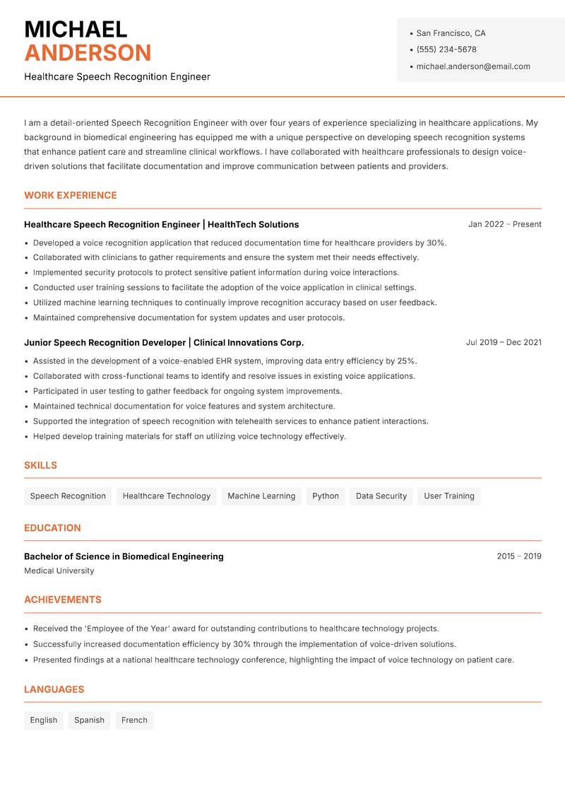 Speech Recognition Engineer resume sample — Healthcare Speech Recognition Engineer focus