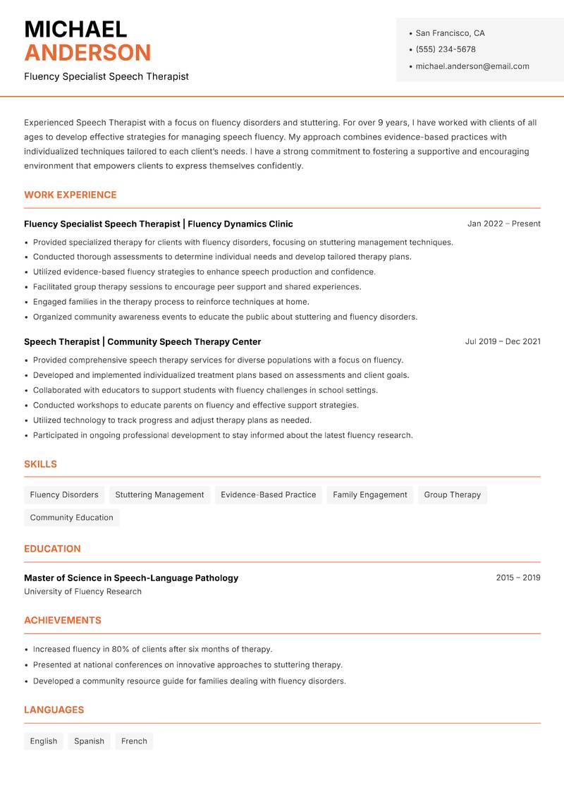 Speech Therapist resume sample — Fluency Specialist Speech Therapist focus