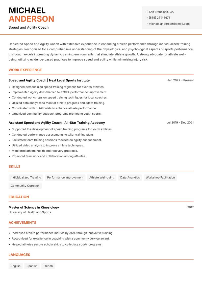 Speed and Agility Coach resume sample — Speed and Agility Coach focus