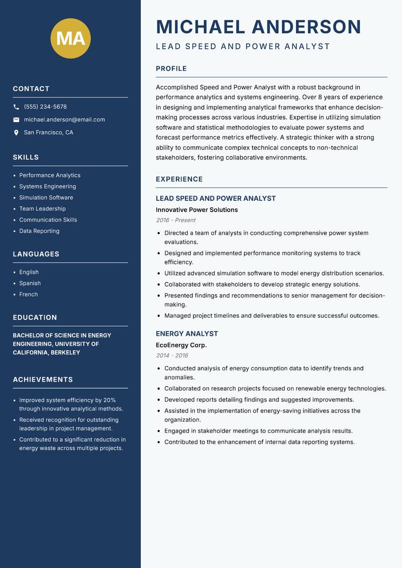 Speed and Power Analyst resume sample — Lead Speed and Power Analyst focus