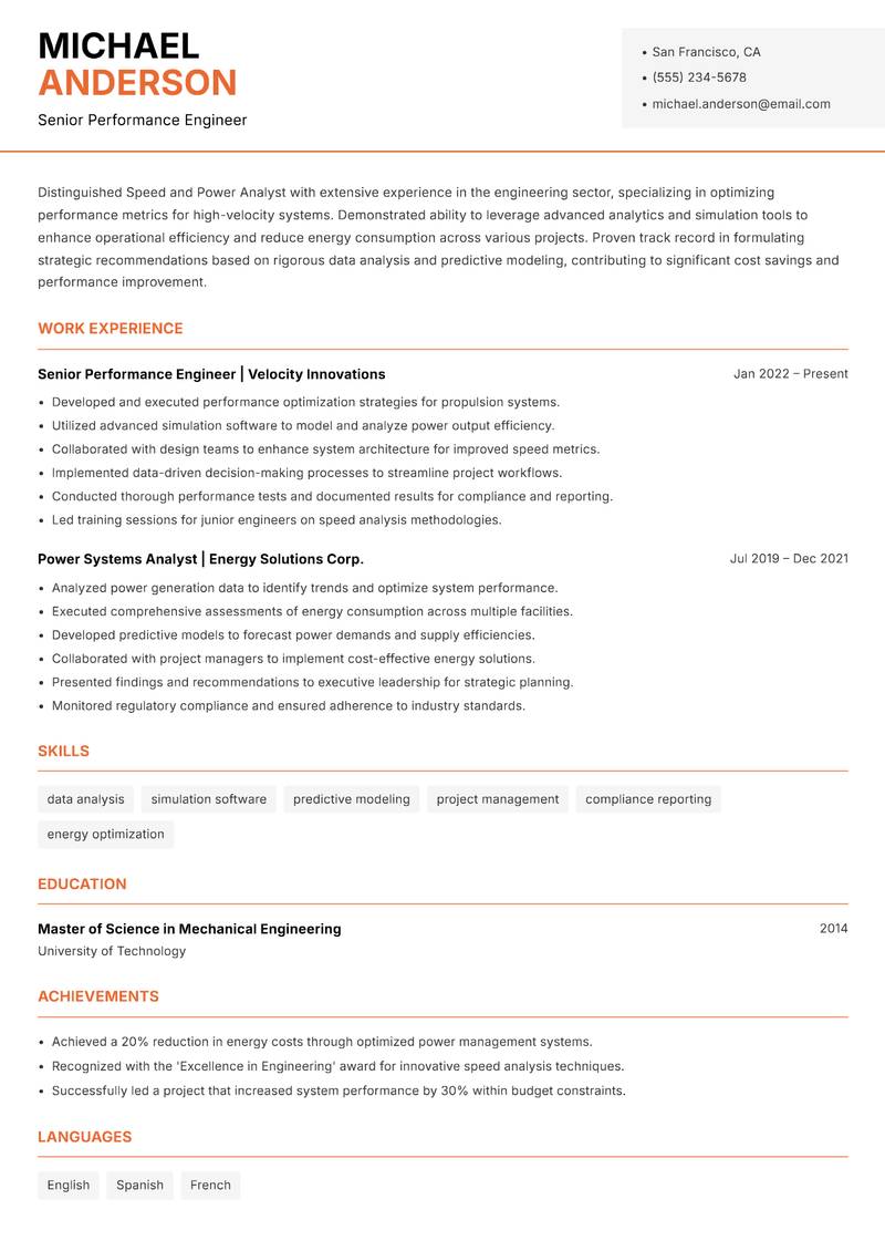 Speed and Power Analyst resume sample — Senior Performance Engineer focus