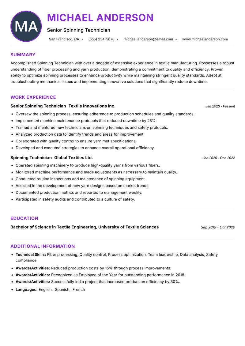 Spinning Technician resume example
