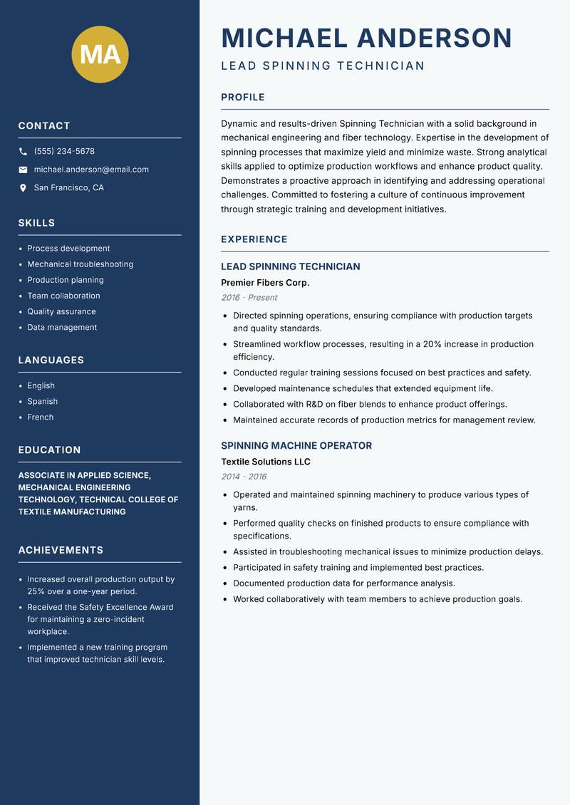 Spinning Technician resume sample — Lead Spinning Technician focus