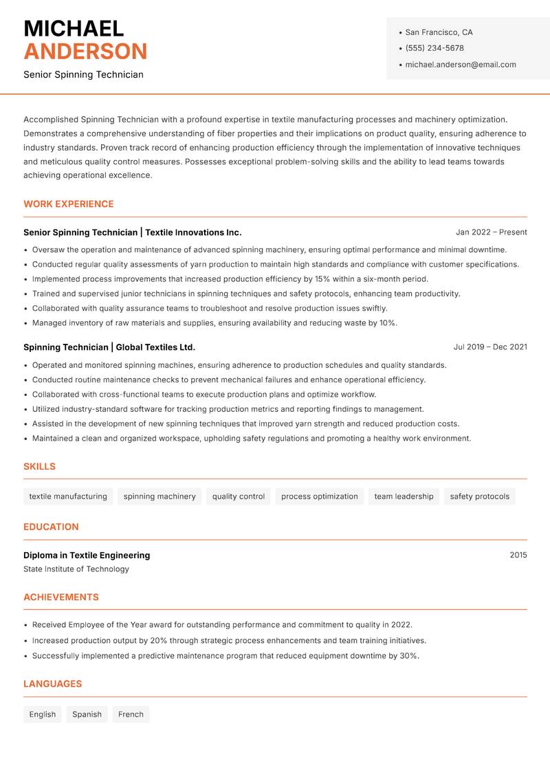 Spinning Technician resume sample — Senior Spinning Technician focus
