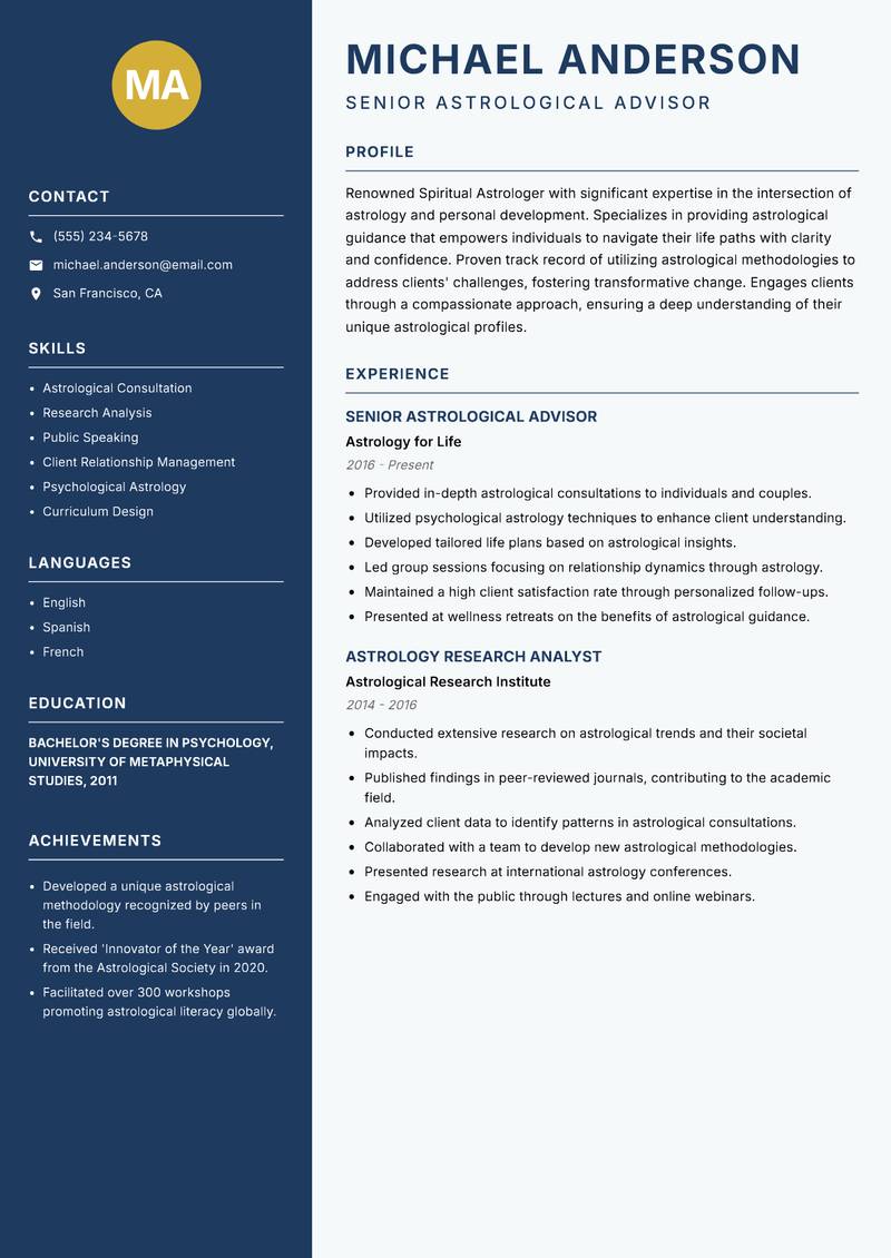 Spiritual Astrologer resume sample — Senior Astrological Advisor focus
