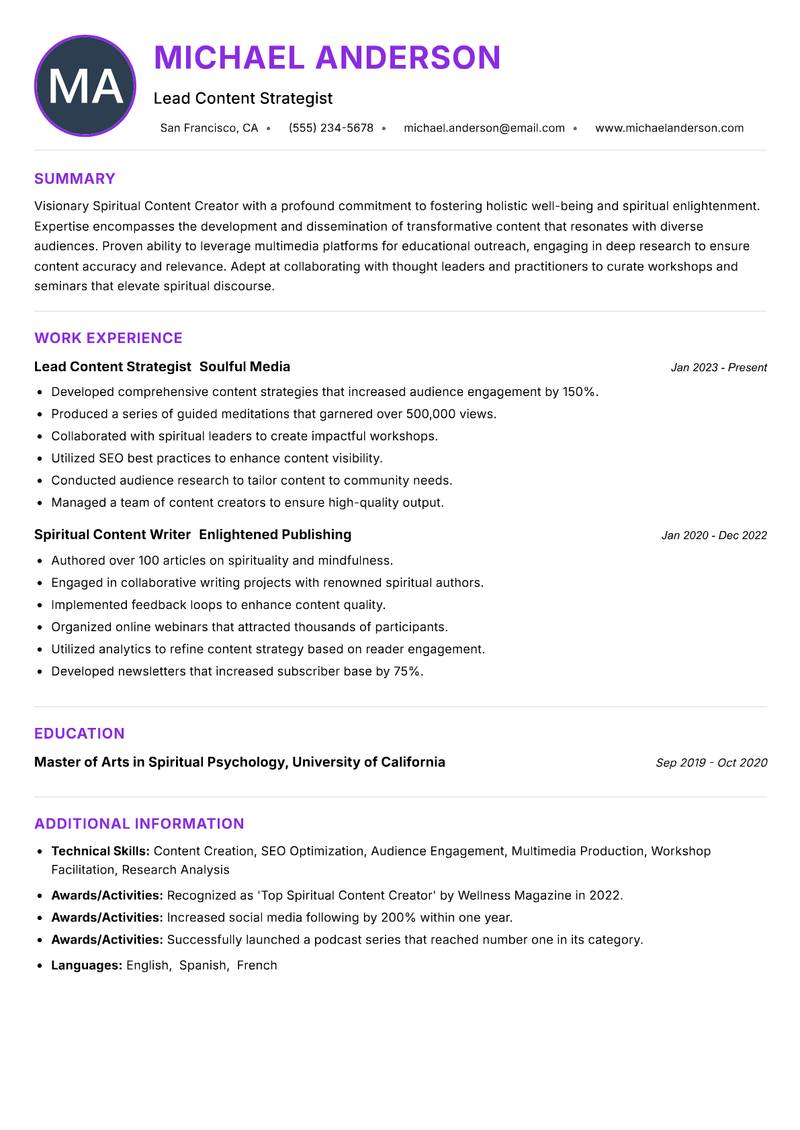 Spiritual Content Creator resume example