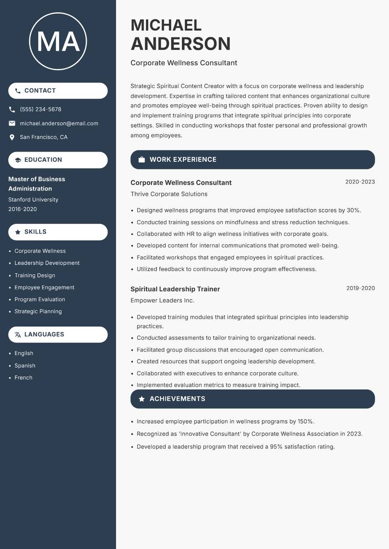 Spiritual Content Creator resume sample — Corporate Wellness Consultant focus