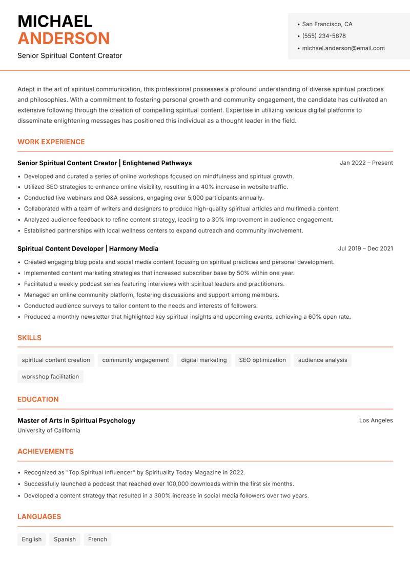 Spiritual Content Creator resume sample — Senior Spiritual Content Creator focus