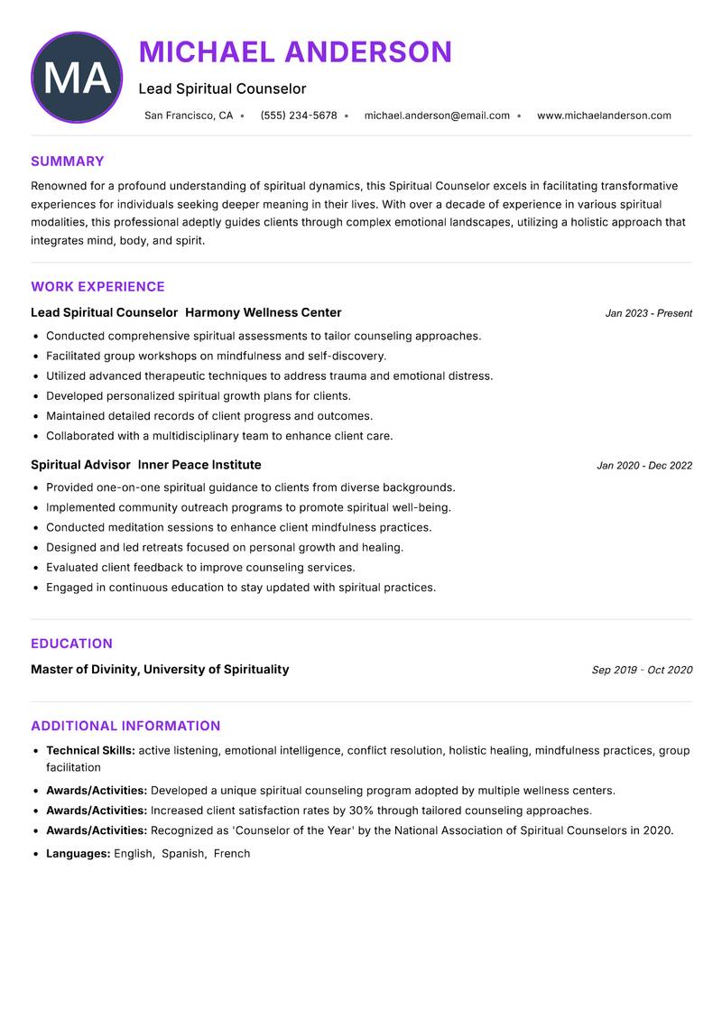 Spiritual Counselor resume example
