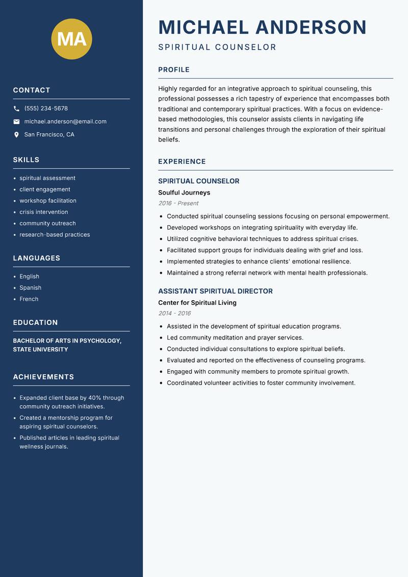 Spiritual Counselor resume sample — Spiritual Counselor focus