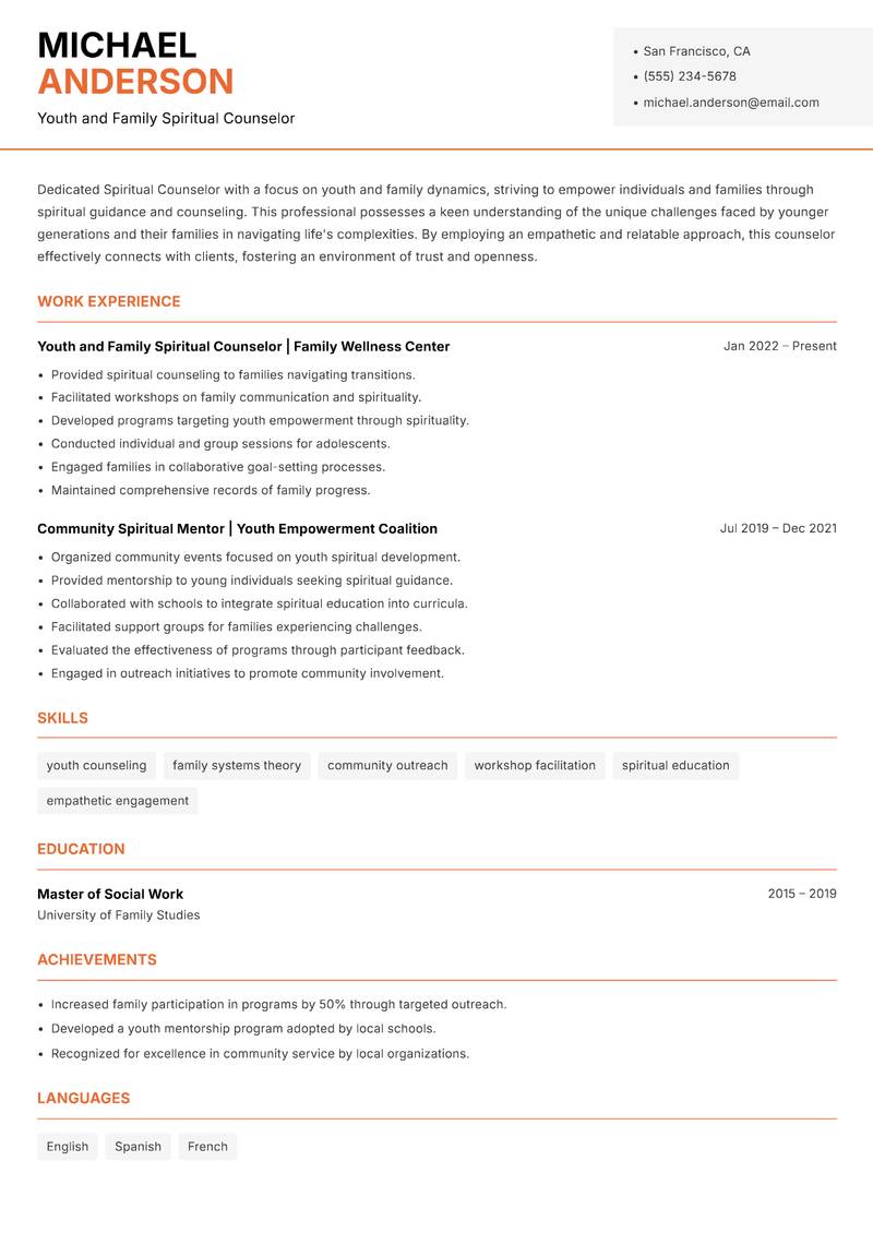 Spiritual Counselor resume sample — Youth and Family Spiritual Counselor focus