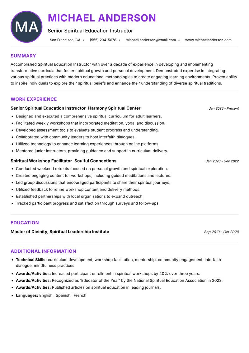 Spiritual Education Instructor resume example