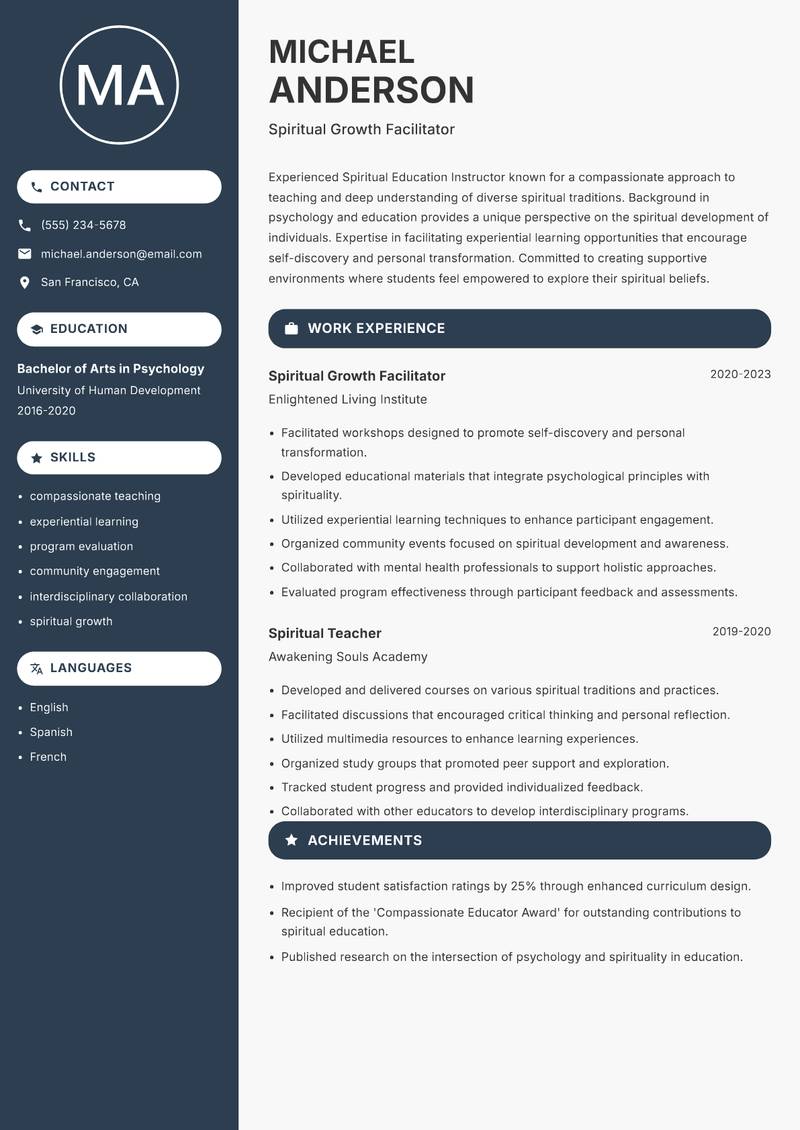 Spiritual Education Instructor resume sample — Spiritual Growth Facilitator focus