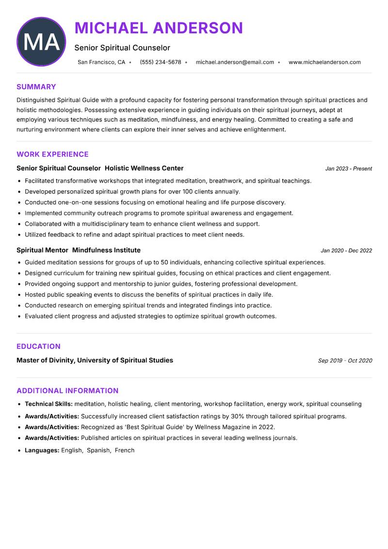 Spiritual Guide resume example