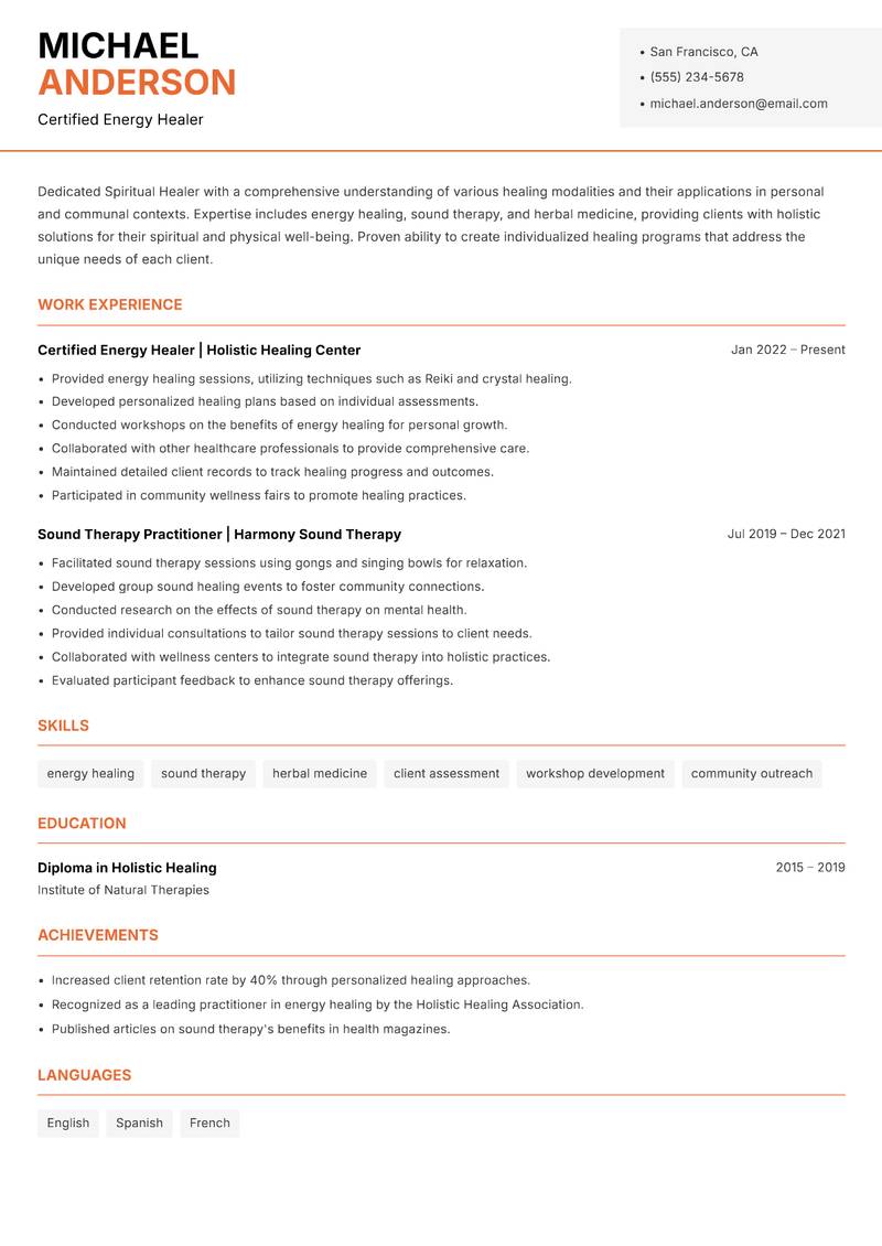 Spiritual Guide resume sample — Certified Energy Healer focus