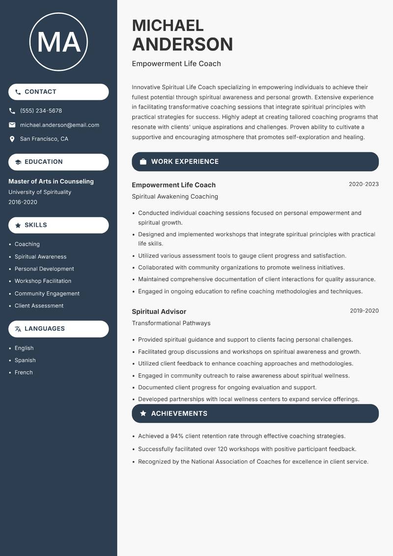 Spiritual Life Coach resume sample — Empowerment Life Coach focus