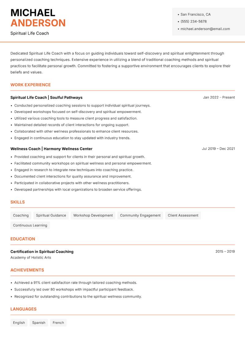 Spiritual Life Coach resume sample — Spiritual Life Coach focus