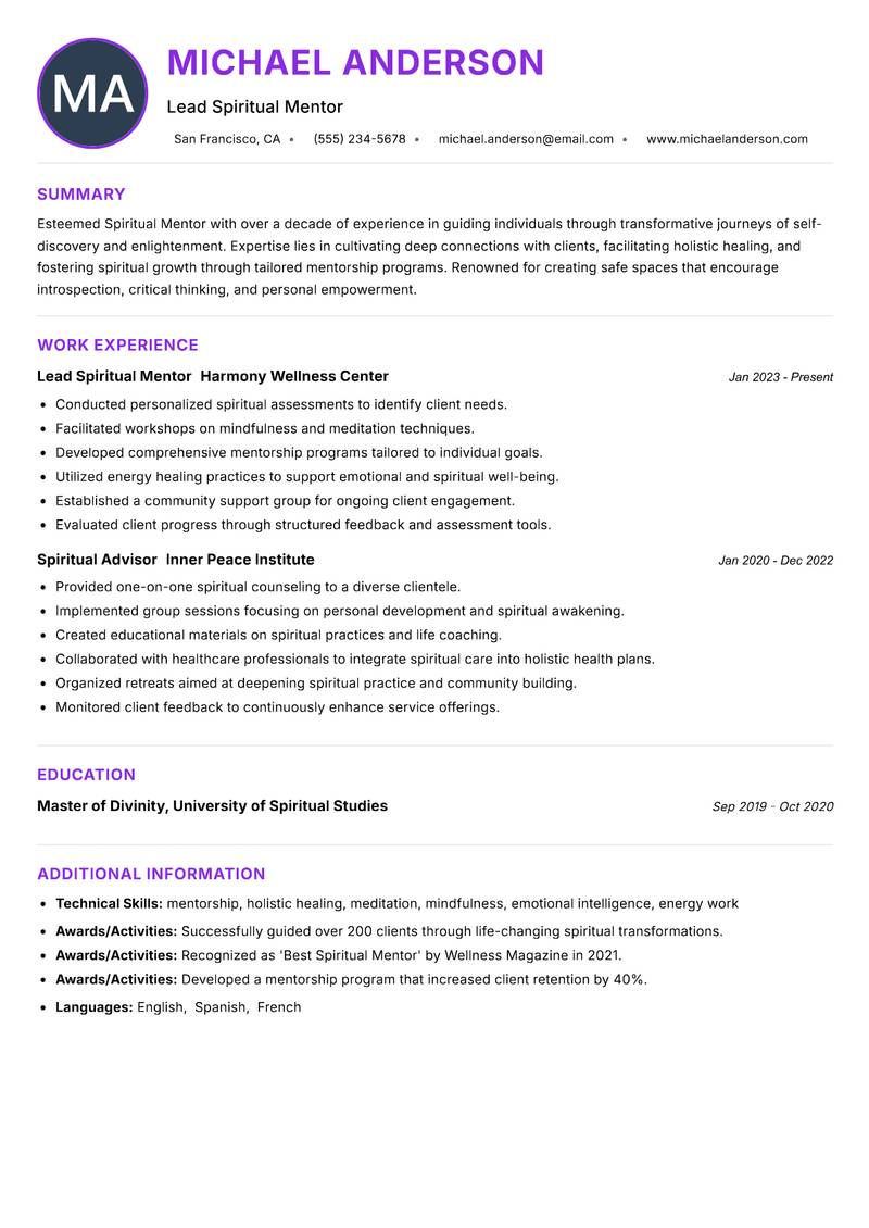 Spiritual Mentor resume example