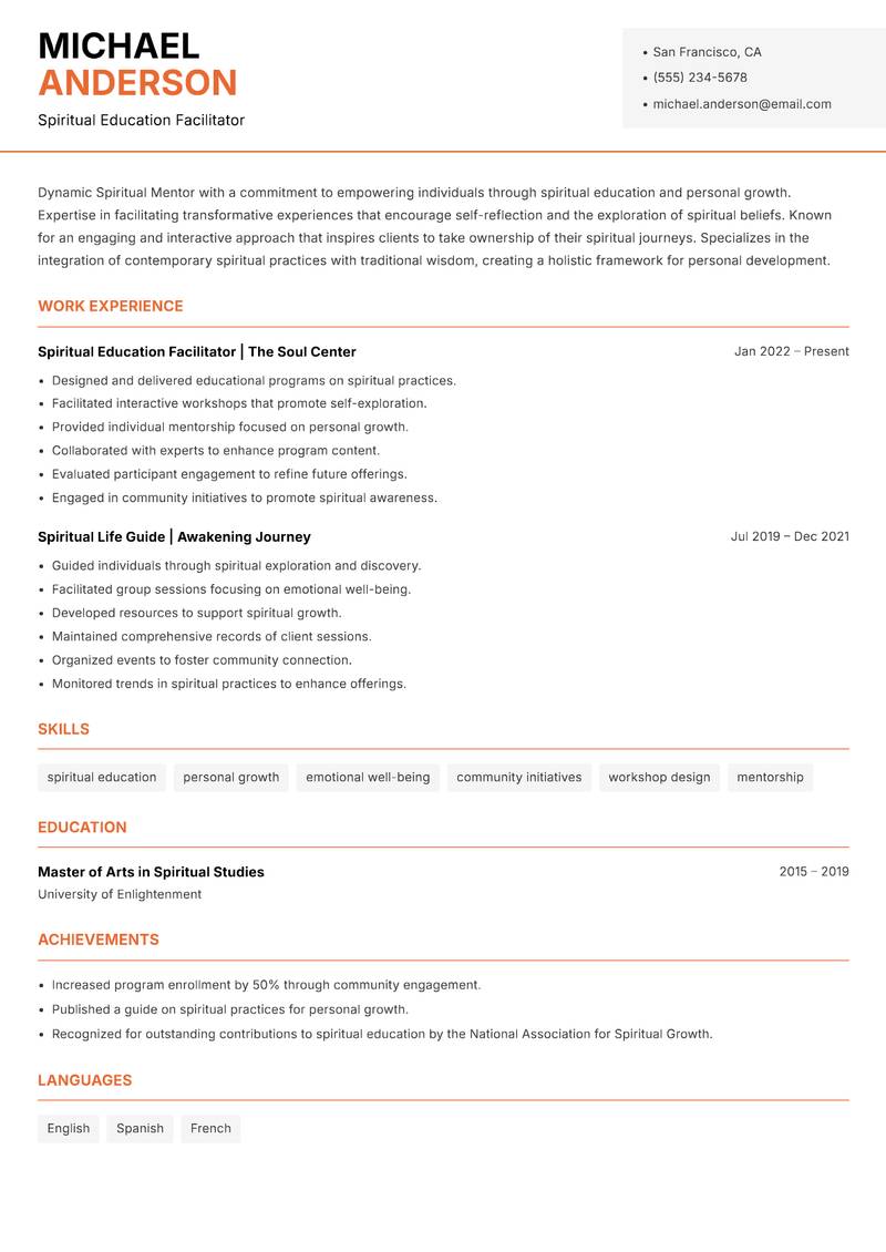 Spiritual Mentor resume sample — Spiritual Education Facilitator focus