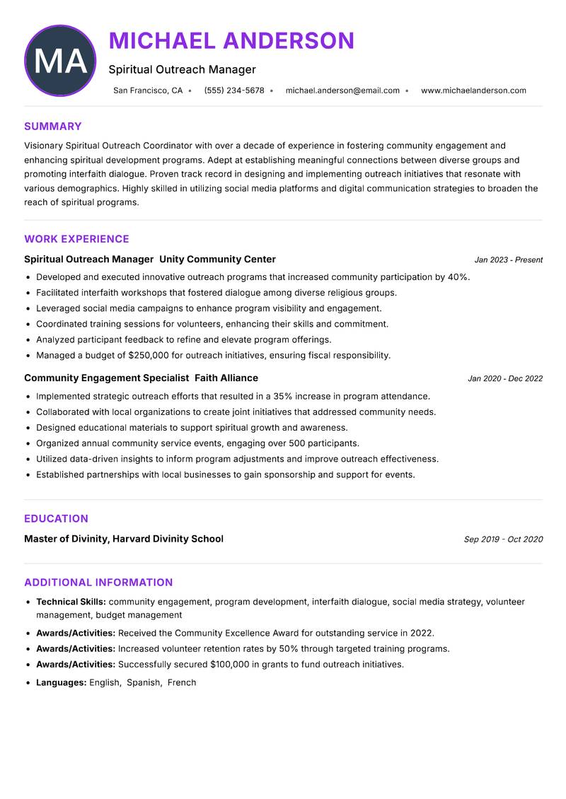 Spiritual Outreach Coordinator resume example