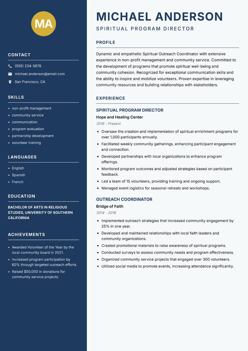 Spiritual Outreach Coordinator resume sample — Spiritual Program Director focus