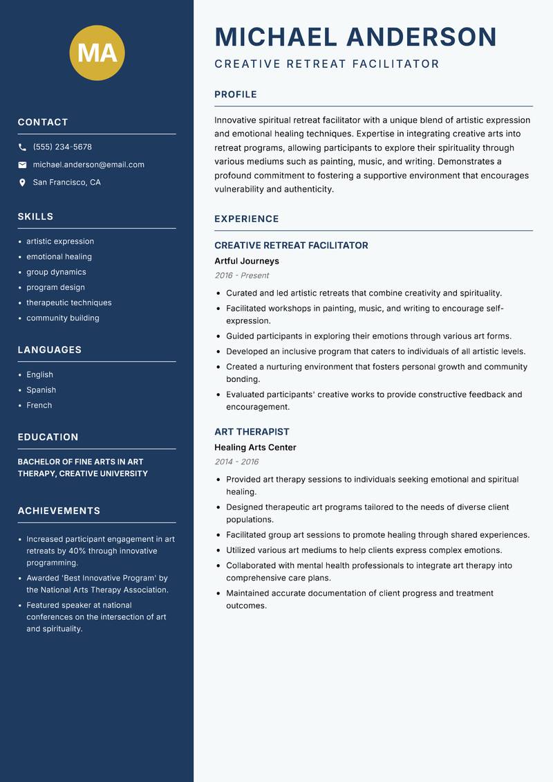 Spiritual Retreat Facilitator resume sample — Creative Retreat Facilitator focus