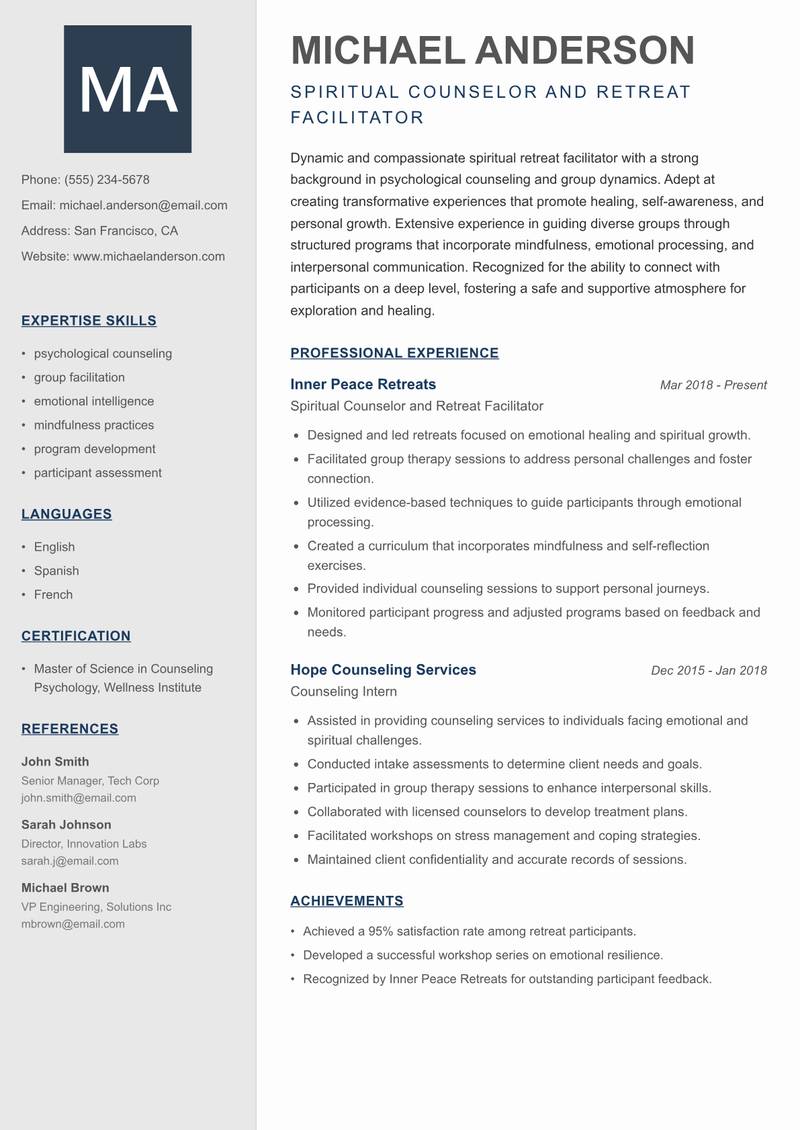 Spiritual Retreat Facilitator resume sample — Spiritual Counselor and Retreat Facilitator focus