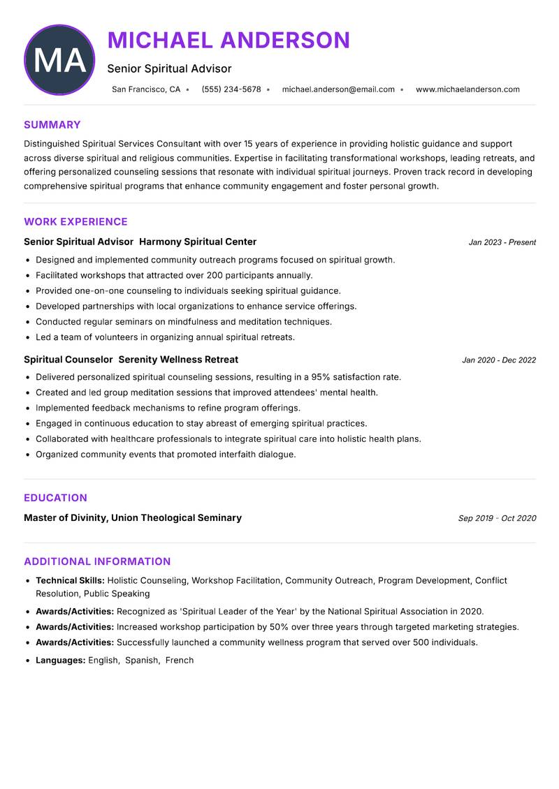 Spiritual Services Consultant resume example