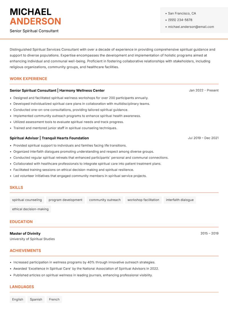 Spiritual Services Consultant resume sample — Senior Spiritual Consultant focus
