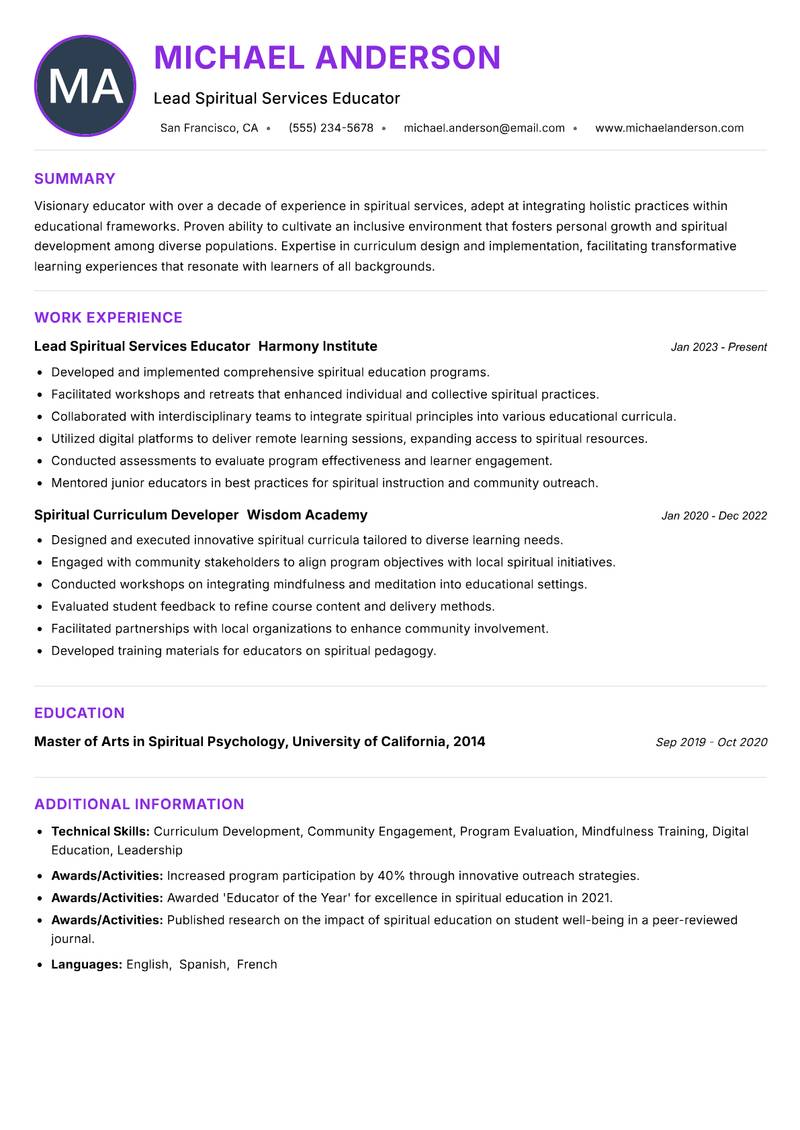 Spiritual Services Educator resume example