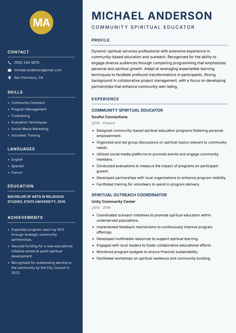Spiritual Services Educator resume sample — Community Spiritual Educator focus
