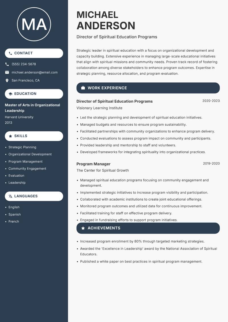 Spiritual Services Educator resume sample — Director of Spiritual Education Programs focus