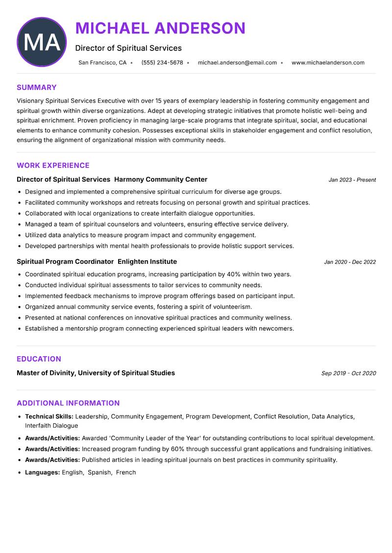 Spiritual Services Executive resume example