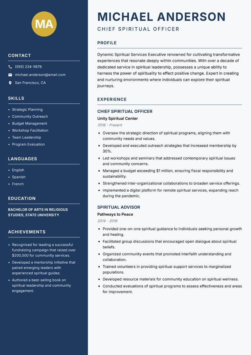 Spiritual Services Executive resume sample — Chief Spiritual Officer focus