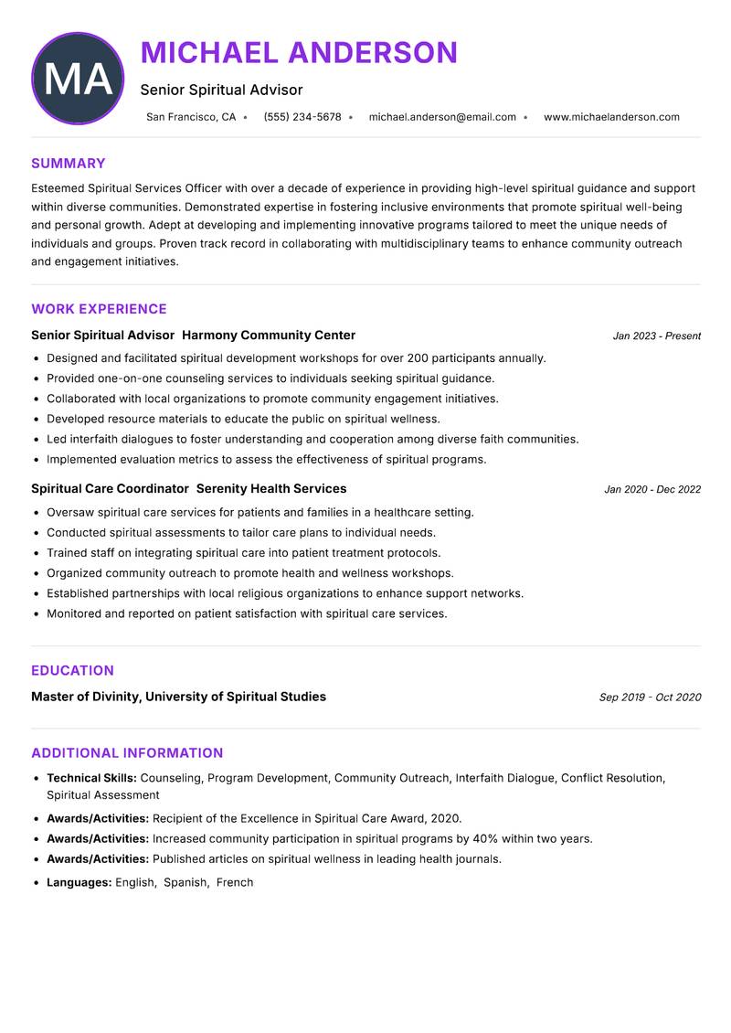 Spiritual Services Officer resume example