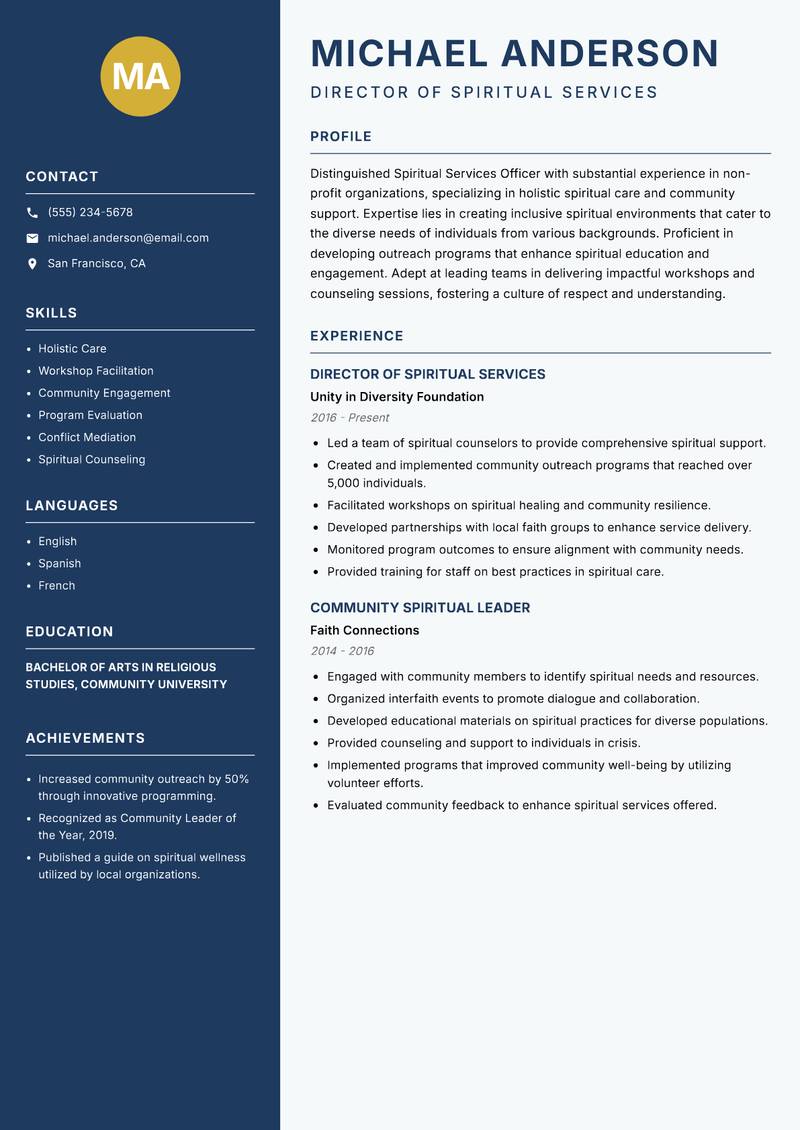 Spiritual Services Officer resume sample — Director of Spiritual Services focus