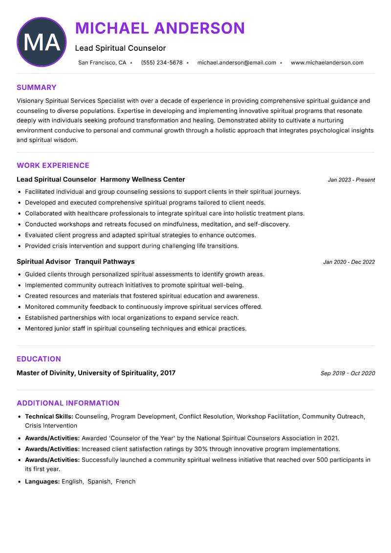 Spiritual Services Specialist resume example