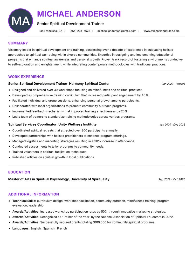 Spiritual Services Trainer resume example